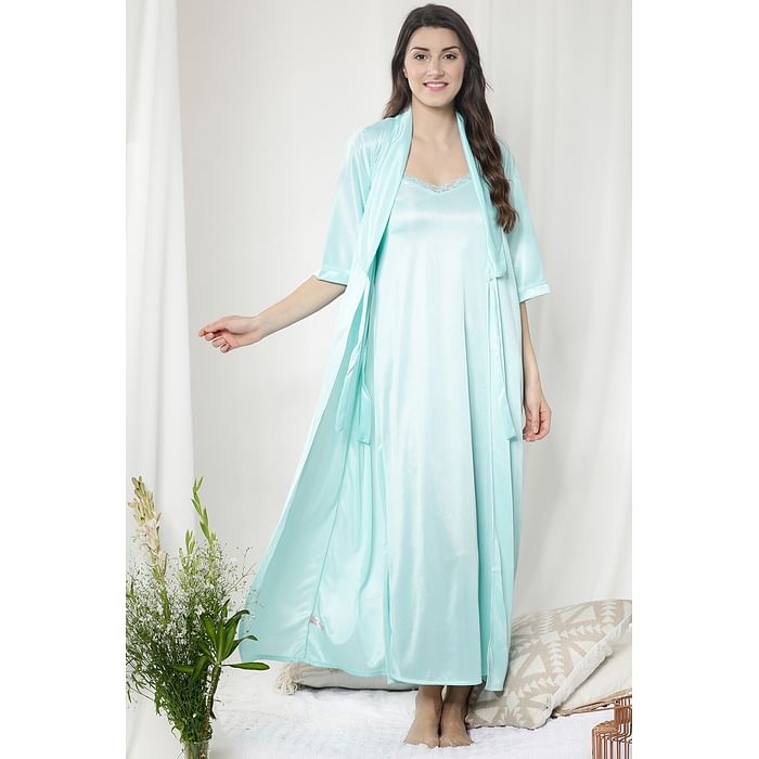 

Clovia Chic Basic Long Night Dress with Robe in Sky Blue - Poly Satin - NS1354P03, Light blue