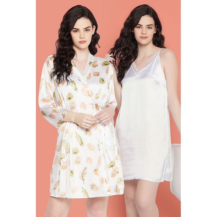 

Clovia Chic Basic Night Dress & Leaf Print Robe Set in White - Satin - NS1145P18