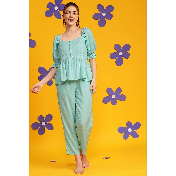 

Clovia Chic Basic Peplum Top & Pyjama set in Sky Blue - Rayon - LS0712P03, Light blue