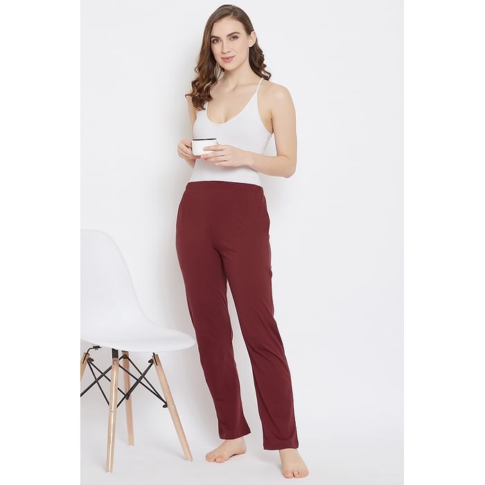 

Clovia Chic Basic Pyjama in Maroon- Cotton Rich - LB0173P09