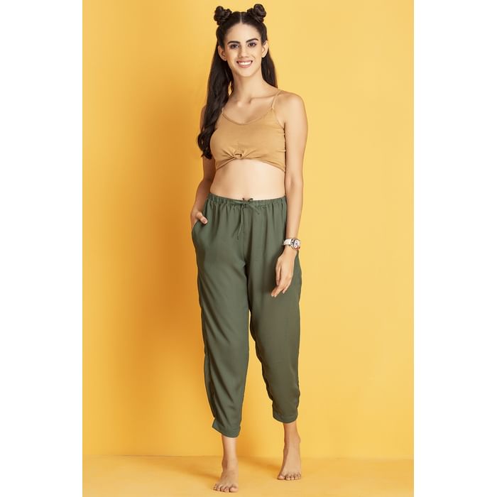 

Clovia Chic Basic Pyjama in Olive Green- Crepe - LB0187P17, Dark green