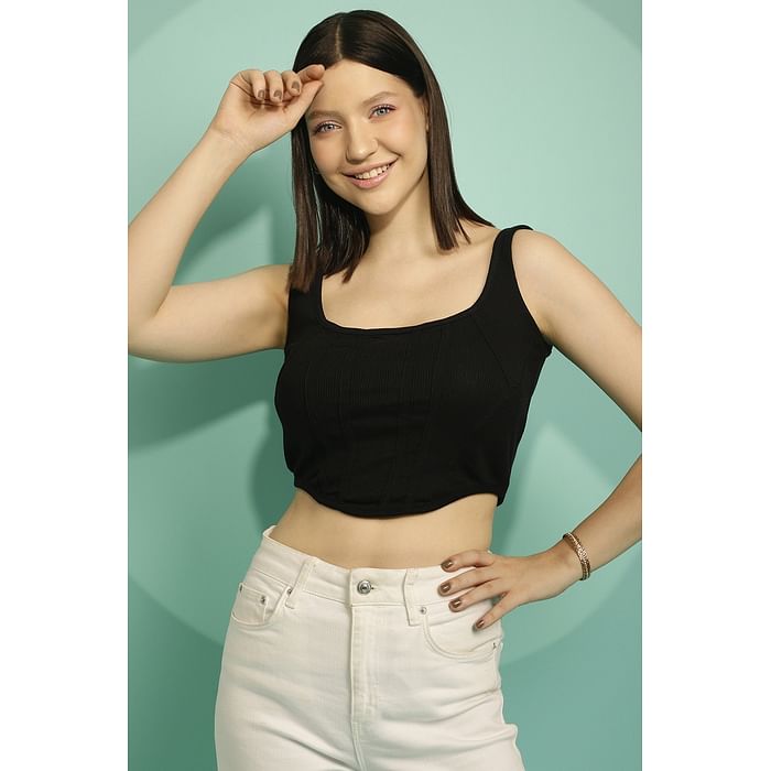 

Clovia Chic Basic Ribbed Corset Style Crop Top in Black - Cotton - CM0040P13