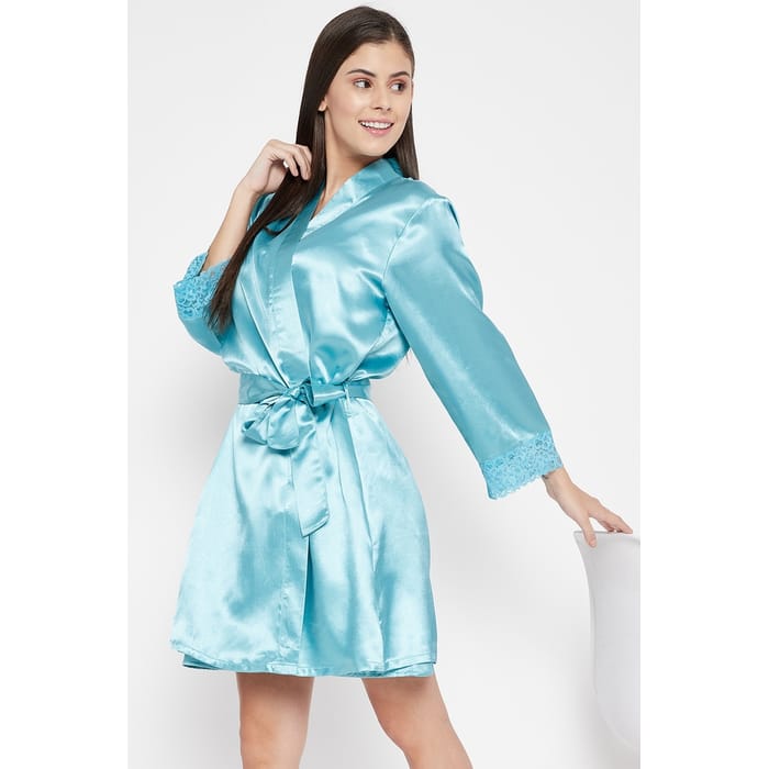 

Clovia Chic Basic Robe in Sky Blue - Satin & Lace - NS1329P35, Teal