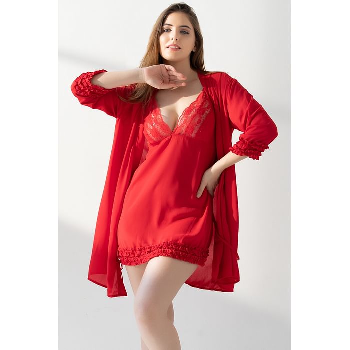 

Clovia Chic Basic Robe & Short Nighty Set in Red - Crepe - NS1414P04