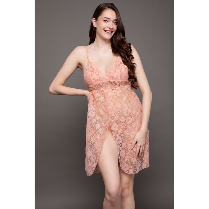 

Clovia Chic Basic Sheer Babydoll in Peach Colour with G-string - Lace - NS1224P34