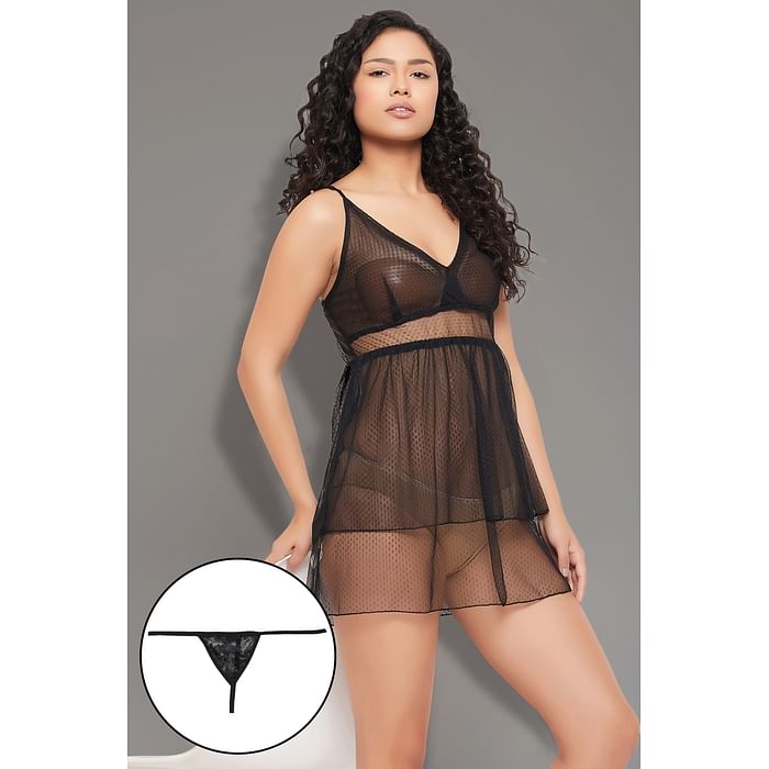 

Clovia Chic Basic Sheer Babydoll with G-string in Black - Mesh - NS0912P13