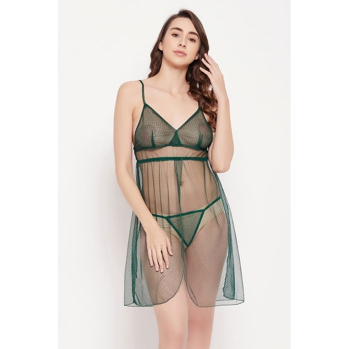 

Clovia Chic Basic Sheer Babydoll with G-string in Dark Green - Mesh - NS1224P17