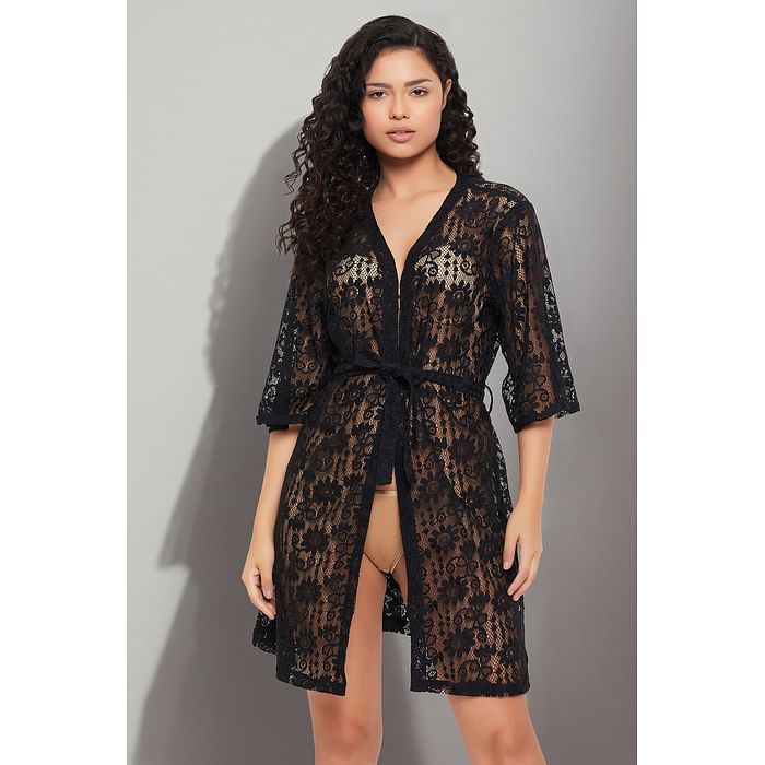 

Clovia Chic Basic Sheer Robe in Black - Lace - NS1509P13