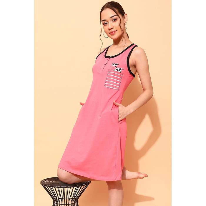 

Clovia Chic Basic Short Night Dress in Salmon Pink - 100% Cotton - NS1480P22, Light pink