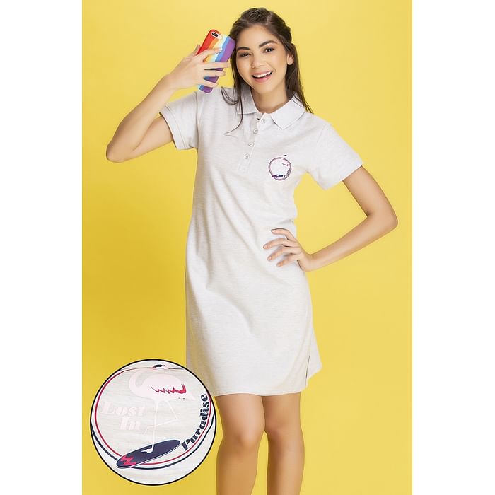 

Clovia Chic Basic Short Nightdress in Grey - Cotton Rich - NS1377P01, Light grey