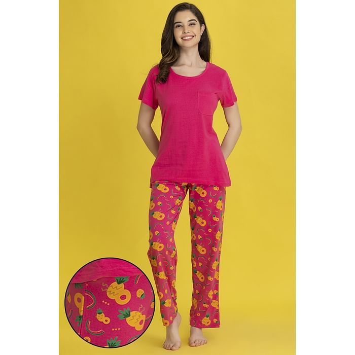 

Clovia Chic Basic Top & Tutti Fruity Pyjama Set in Hot Pink - 100% Cotton - LS0413Q14