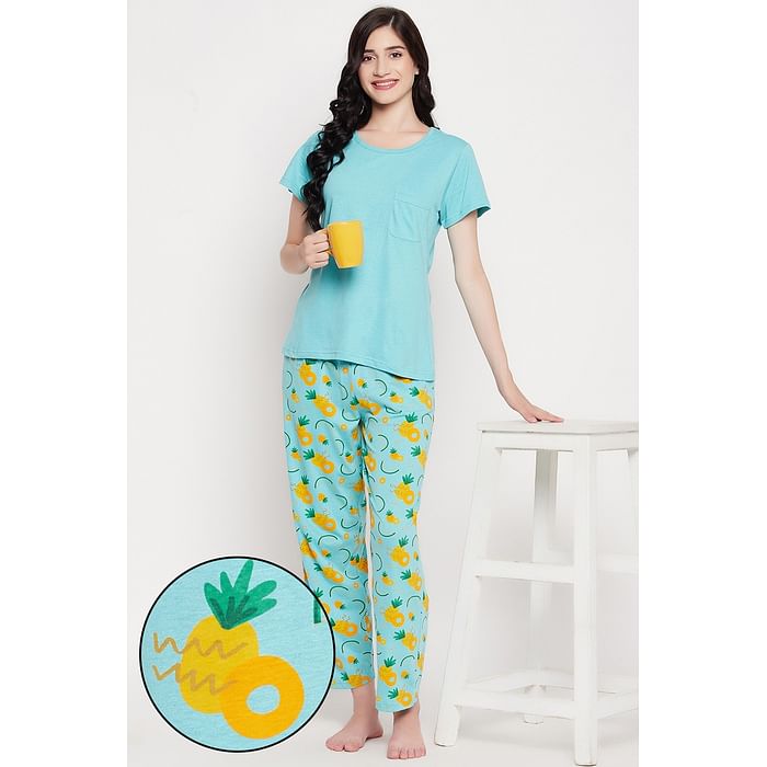 

Clovia Chic Basic Top & Tutti Fruity Pyjama Set in Sky Blue - 100% Cotton - LS0413T03, Light blue