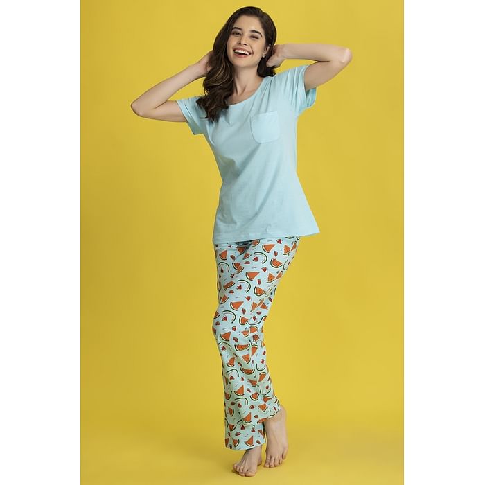 

Clovia Chic Basic Top & Tutti Fruity Pyjama Set in Sky Blue - 100% Cotton - LS0413U03, Light blue