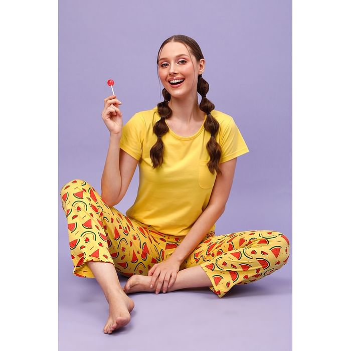 

Clovia Chic Basic Top & Tutti Fruity Pyjama Set in Yellow - 100% Cotton - LS0413J02, Light yellow