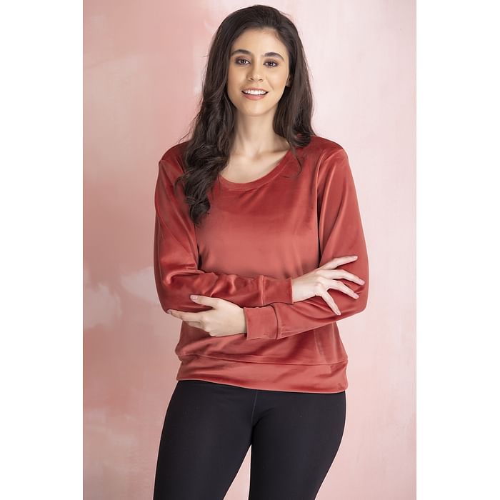 

Clovia Chic Basic Sweatshirt in Red - Velour - LTW168P06, Brown
