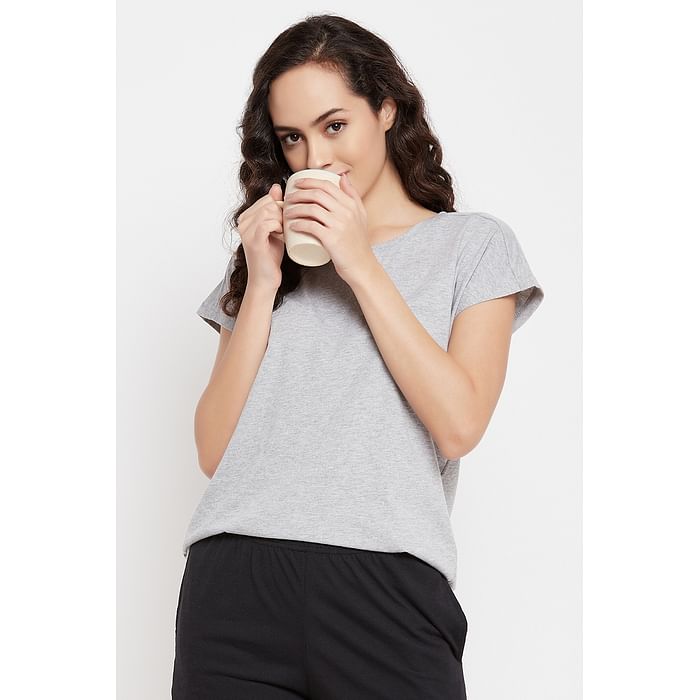 

Clovia Chic Basic T-shirt in Grey Melange - 100% Cotton - LT0146P01, Light grey