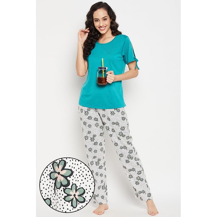 

Clovia Chic Basic Top & Floral Print Pyjama Set in Teal Green - 100% Cotton - LS0642P17, Dark green