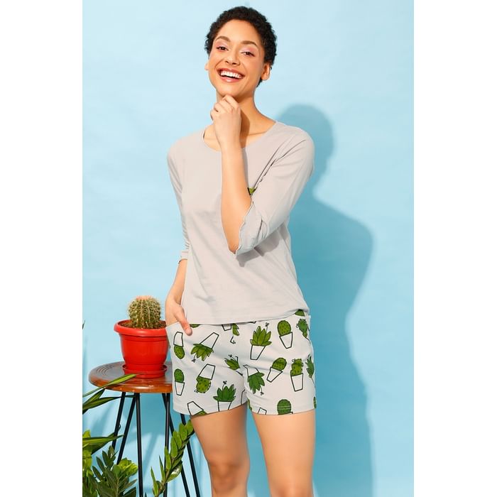 

Clovia Chic Basic Top & Cactus Print Shorts in Light Grey - 100% Cotton - LS0663P01
