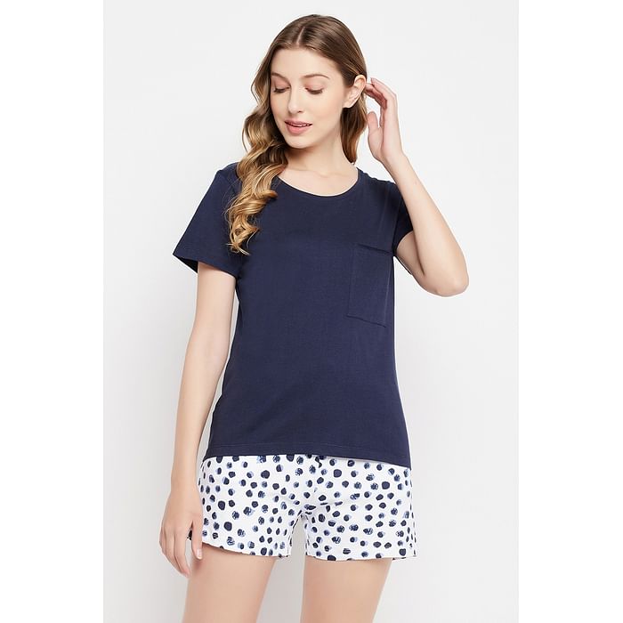 

Clovia Chic Basic Top in Navy & Print Me Pretty Shorts in White - 100% Cotton - LS0704P08