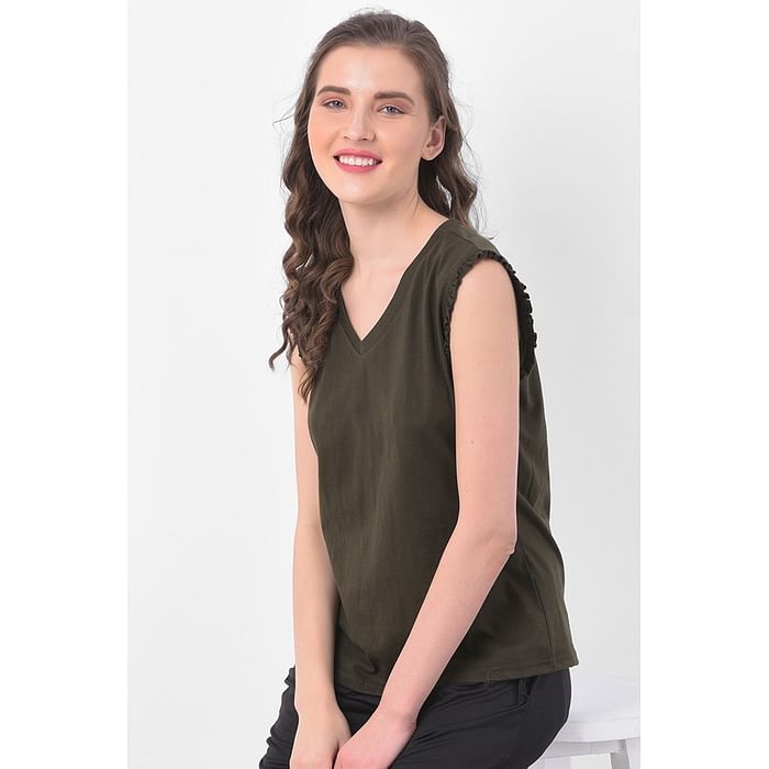 

Clovia Chic Basic Top in Olive Green- Cotton Rich - LT0143P17, Dark green