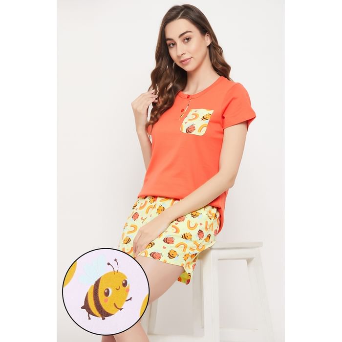 

Clovia Chic Basic Top in Orange & Bee Print Shorts in Mint Green - 100% Cotton - LS0704P16