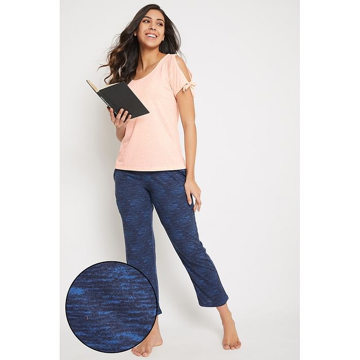 

Clovia Chic Basic Top in Peach Pink & Pyjama in Navy Melange - Cotton Rich - LSC134P34, Teal