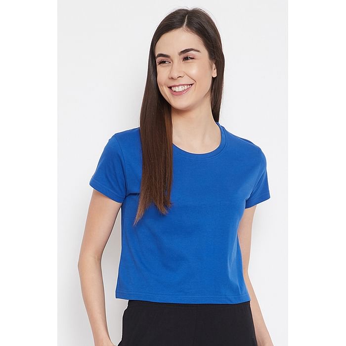 

Clovia Chic Basic Cropped Sleep Tee in Royal Blue - 100% Cotton - LT0151P03, Light blue