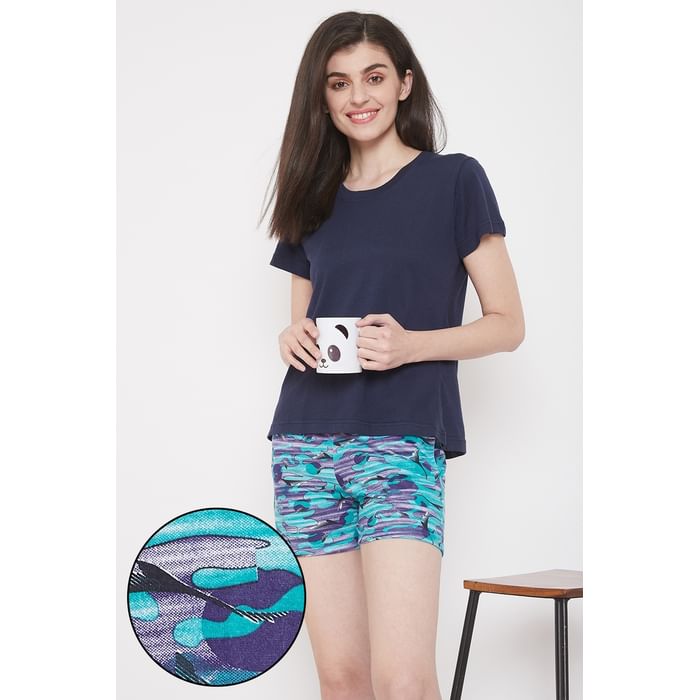 

Clovia Chic Basic Top & Printed Boxer Shorts in Blue - Cotton Rich - LSC174Q08, Navy