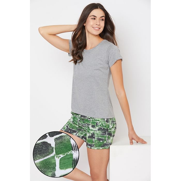 

Clovia Chic Basic Top & Printed Boxer Shorts in Grey & Dark Green - Cotton Rich - LSC174E11, Light green