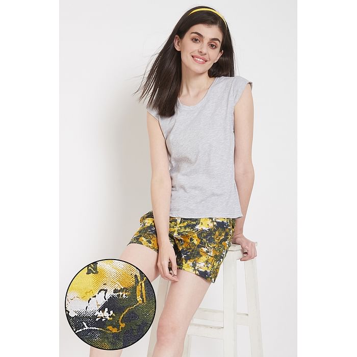 

Clovia Chic Basic Top & Printed Boxer Shorts in Grey & Yellow - Cotton Rich - LSC174P07, Mustard