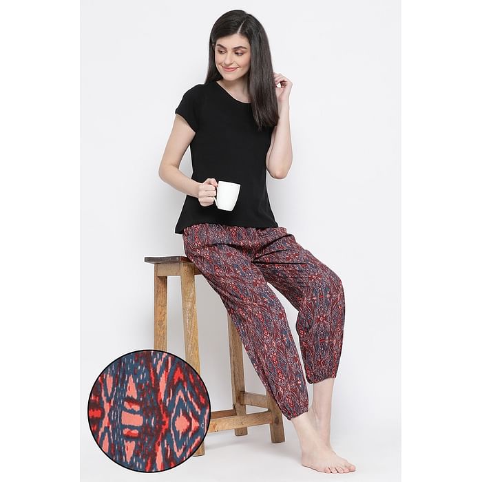 

Clovia Chic Basic Top & Printed Jogger Style Pants in Multicolour - Cotton Rich - LSC180P19