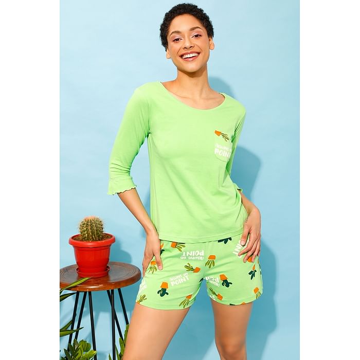 

Clovia Chic Basic Top & Cactus Print Shorts Set in Mint Green - 100% Cotton - LS0663P11, Light green