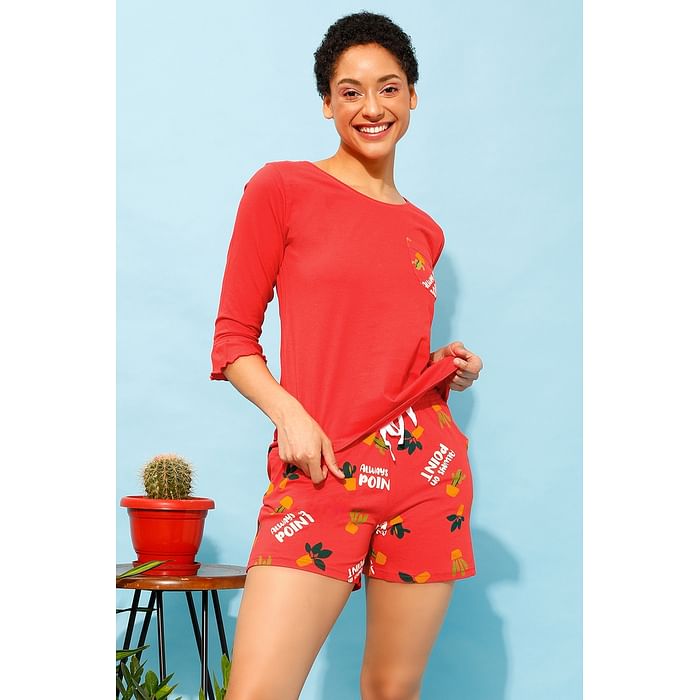 

Clovia Chic Basic Top & Printed Shorts Set in Red - 100% Cotton - LS0663P04