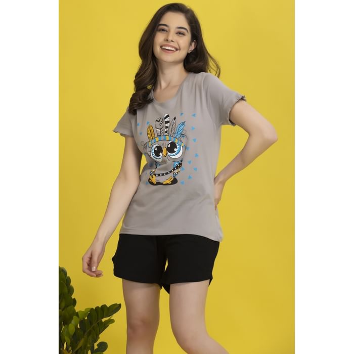 

Clovia Owl Print Top & Shorts in Grey & Black - Cotton Rich - LS0410A01, Light grey