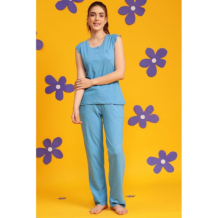 

Clovia Chic Basic Top & Pyjama Set in Sky Blue - 100% Cotton - LS0710P03, Light blue