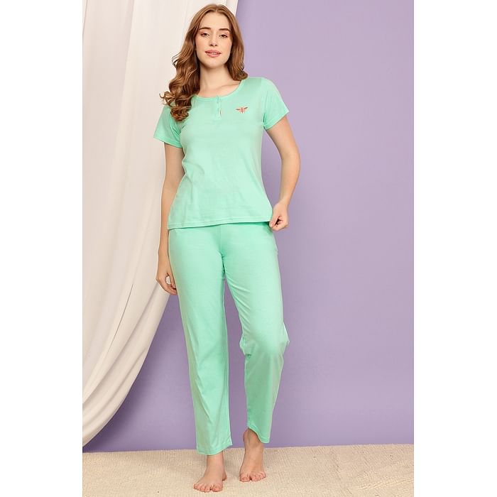 

Clovia Chic Basic Top & Pyjama Set in Sky Blue - 100% Cotton - LS0693P03, Light blue