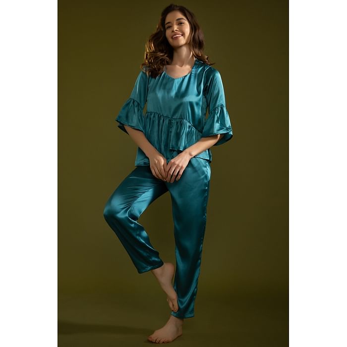 

Clovia Chic Basic Top & Pyjama Set in Teal Blue - Satin - LS0609P36