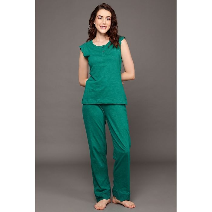 

Clovia Chic Basic Top & Pyjama Set in Teal Green - 100% Cotton - LS0710P36