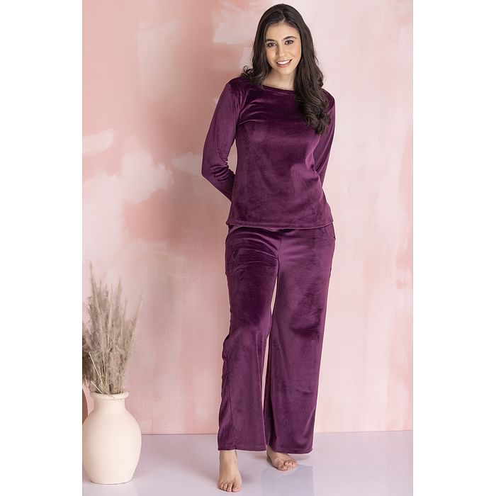 

Clovia Chic Basic Top & Flared Pyjama Set in Wine Colour - Velour - LSW690P15, Purple