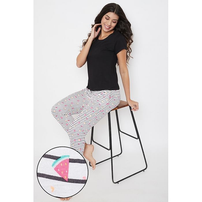 

Clovia Chic Basic Top & Watermelon Print Pyjama in Black & White - Cotton Rich - LSC174G19, Multicolour