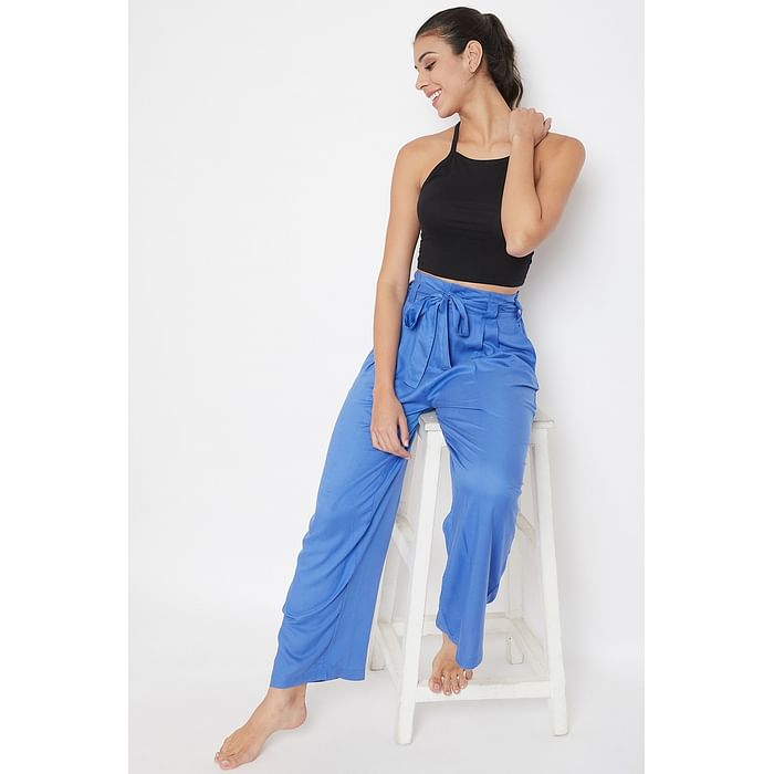 

Clovia Chic Basic Wide Leg Pants in Blue - Rayon - LB0192P03, Light blue