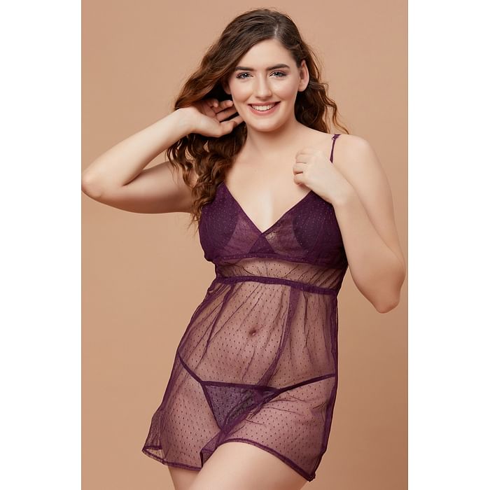 

Clovia Self-Patterned Sheer Babydoll with Matching G-String in Burgundy - Mesh - NS1405P15, Purple