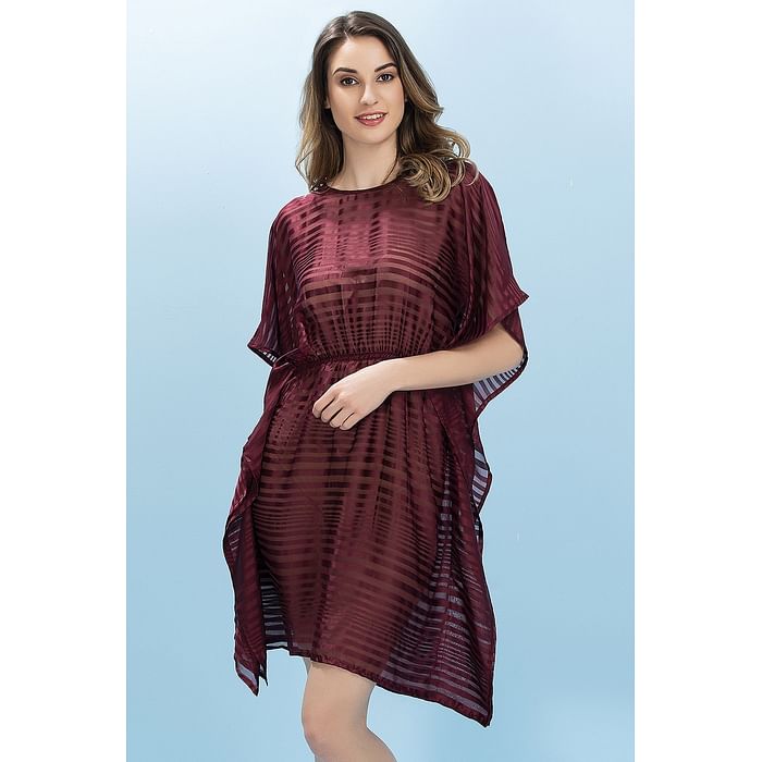 

Clovia Chiffon Kaftan Style Self Striped Beachdress in Maroon - RW0021P09