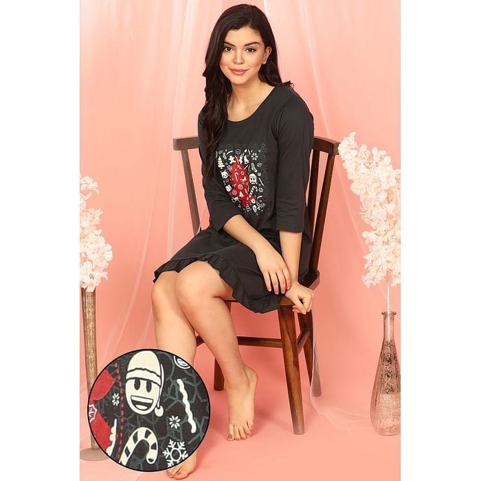 

Clovia Christmas Print Short Night Dress in Dark Grey - 100% Cotton - NS1365P05