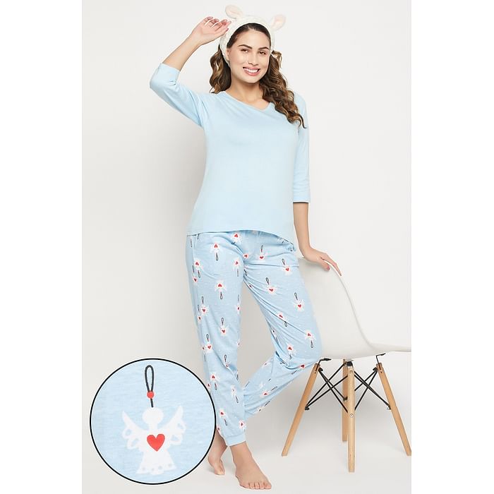 

Clovia Chic Basic Top & Joggers Set in Baby Blue - 100% Cotton - LS0668P03, Light blue