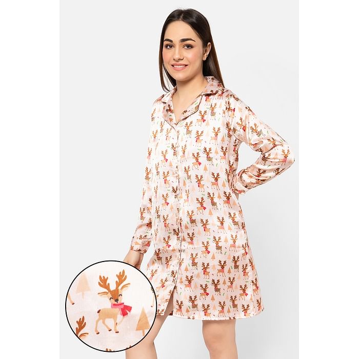 

Clovia Reindeer Print Button Down Sleep Shirt in Beige - Satin - NS1392R24, Nude-colour