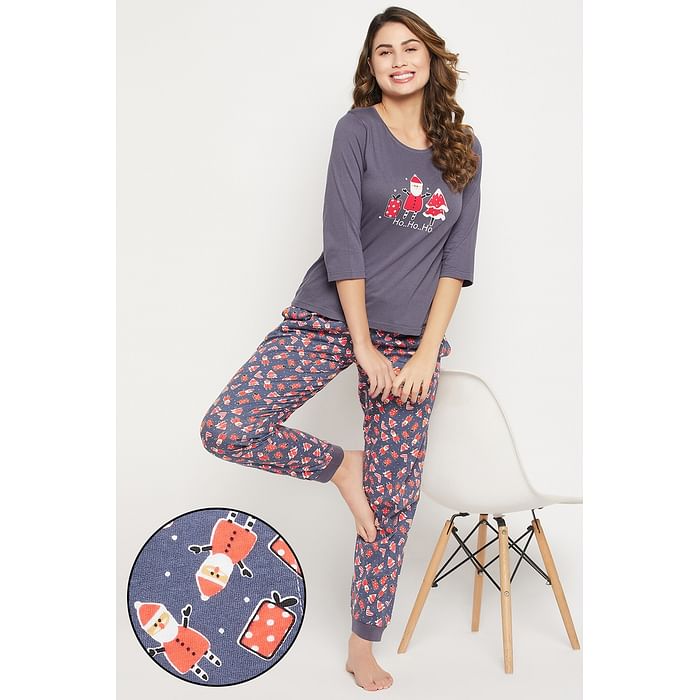 

Clovia Christmas Print Top & Joggers Set in Dark Grey - 100% Cotton - LS0671P08, Navy