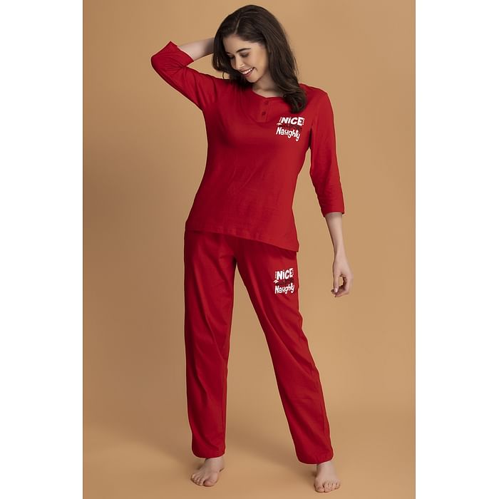 

Clovia Christmas Print Top & Pyjama Set in Red - 100% Cotton - LS0673P04