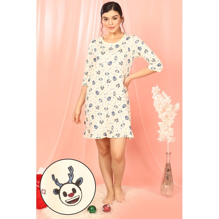 

Clovia Christmas Print Short Nightdress in Beige - 100% Cotton - NS1365P24, Nude-colour