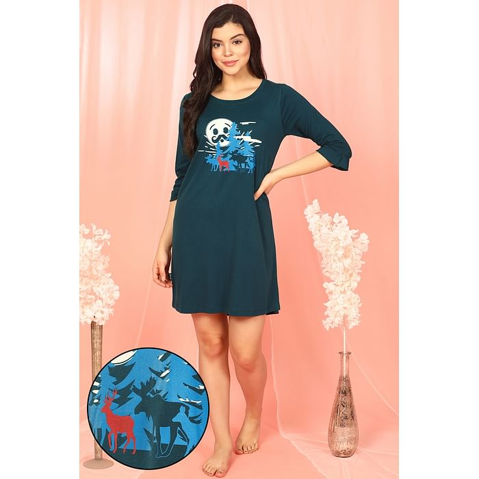 

Clovia Christmas Print Short Night Dress in Teal - 100% Cotton - NS1233A08, Navy